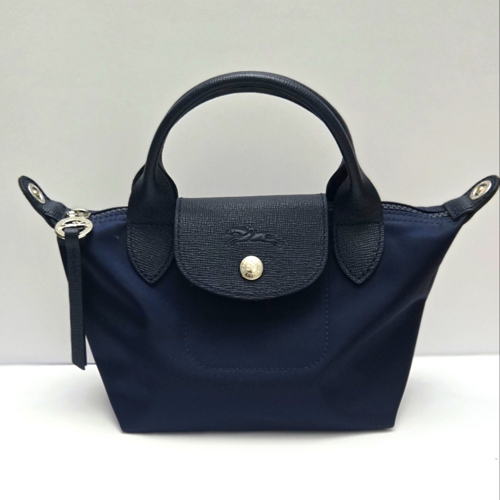 Longchamp Le Pliage XS mini tote Navy Blue Silver Handware Crossbody Top Handle - Picture 2 of 14